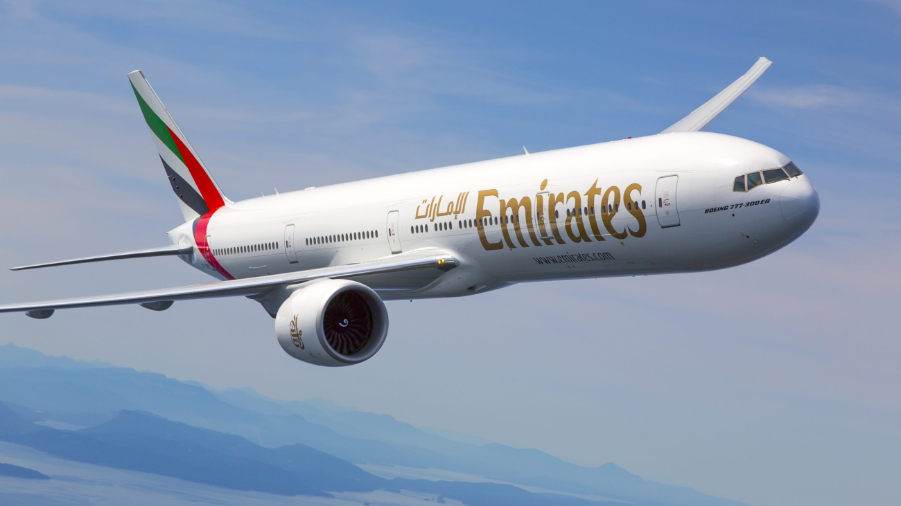 Emirates Boeing 777-300ER photographed on August 17, 2015 from Wolfe Air Aviation's Lear 25B.
